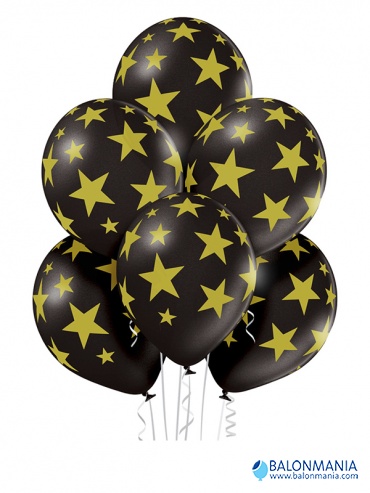 Balon zlate zvezde črn, lateks (6 kom)