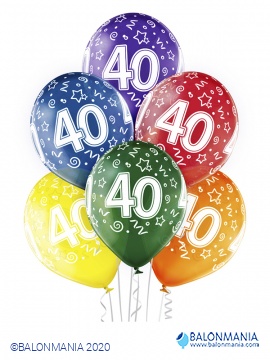 Balon 40 rojstni dan večbarvni, lateks (6 kom)