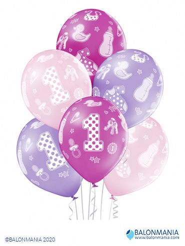Balon 1 rojstni dan roza, lateks (6 kom)