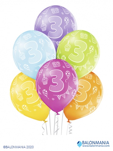 Balon 3 rojstni dan večbarvni, lateks (6 kom)