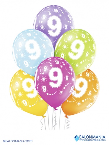 Balon 9 rojstni dan večbarvni, lateks (6 kom)
