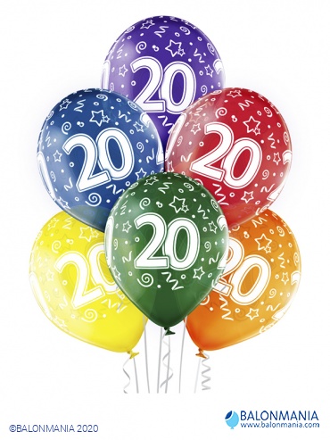 Balon 20 rojstni dan večbarvni, lateks (6 kom)