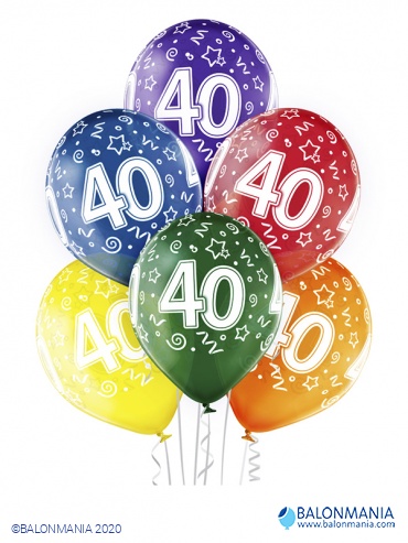 Balon 40 rojstni dan večbarvni, lateks (6 kom)