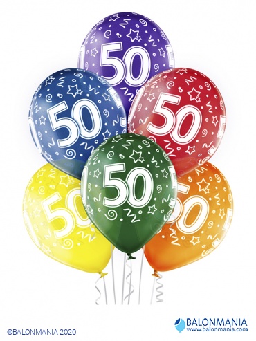 Balon 50 rojstni dan večbarvni, lateks (6 kom)